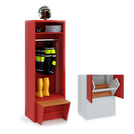 Kabinen Spind mit Helmhalter für Feuerwehren mit klappbarer Sitzbank